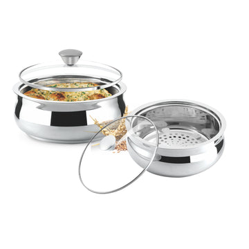 NanoNine Bellyno Gift Set No.1 Double Wall Insulated Stainless Steel Serve Fresh Casserole with Glass Lid.
